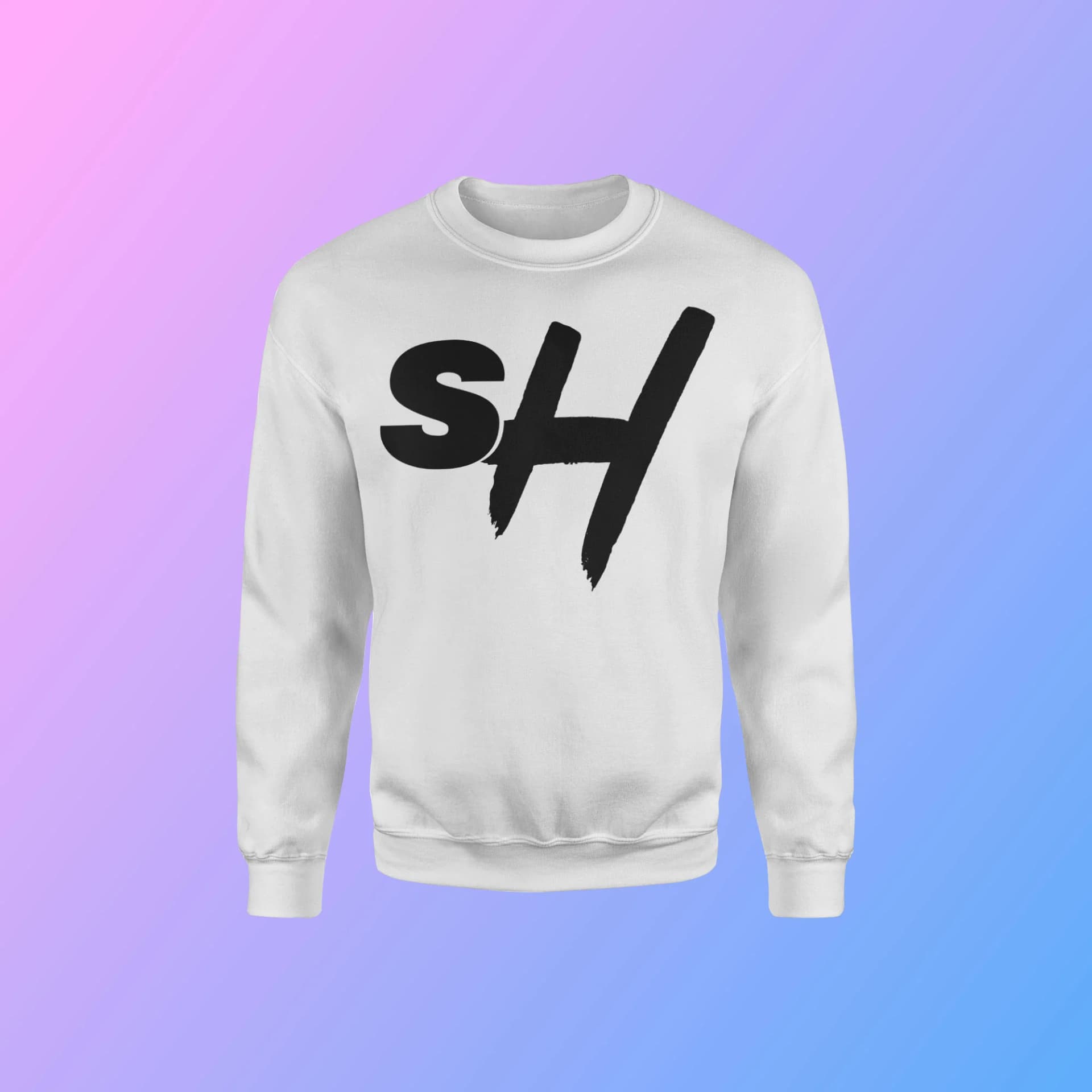 White sweatshirt featuring a bold black 'sh' graphic design.