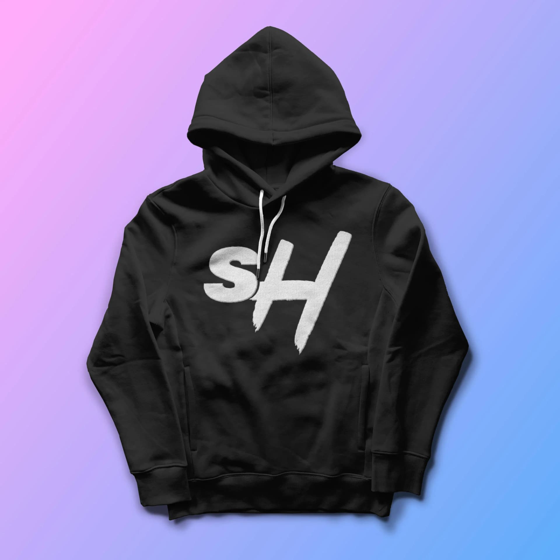 Black hoodie with 'SH' logo on a gradient background.