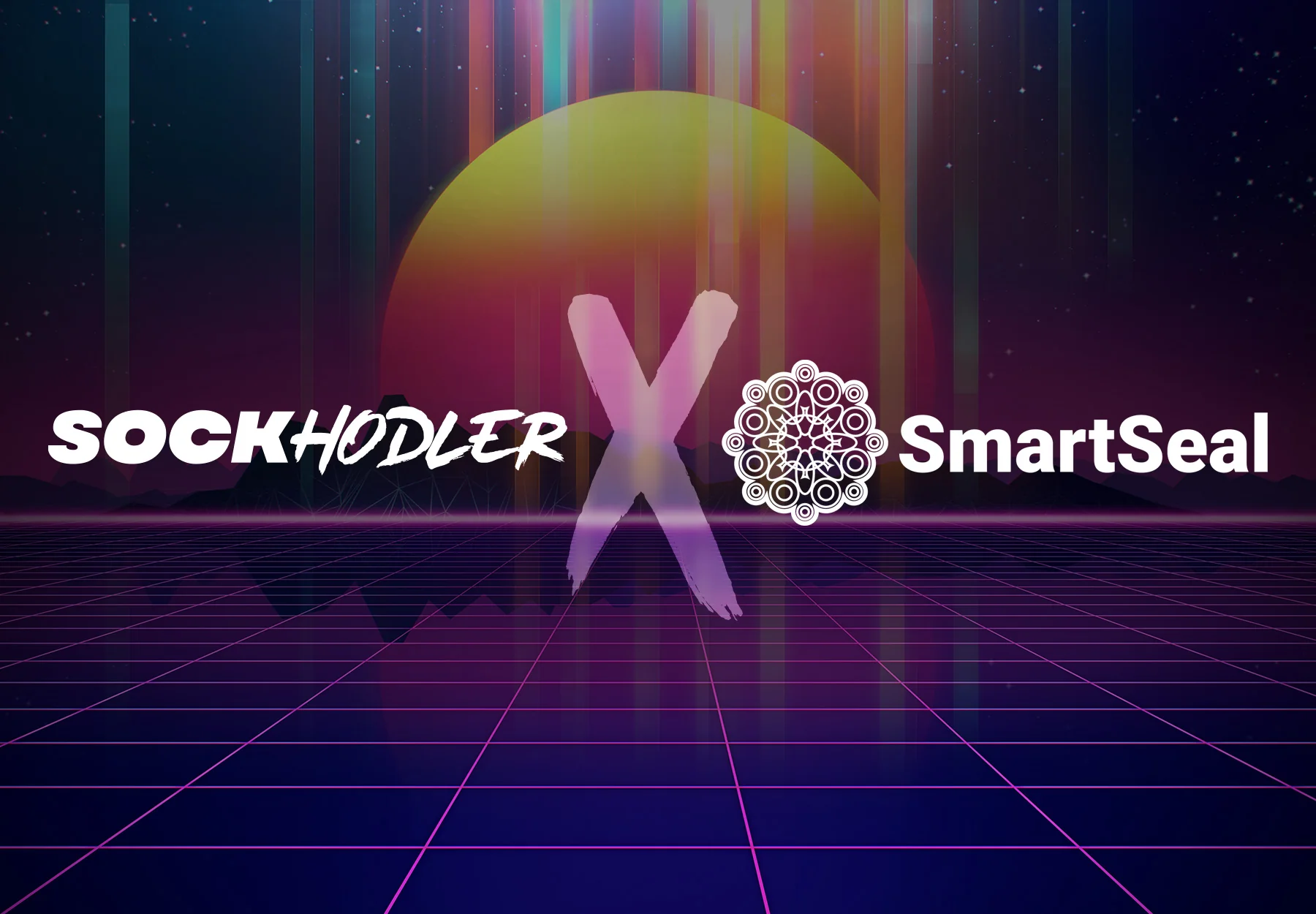 SockHodler and SmartSeal collaboration graphic with retro design and vibrant colors