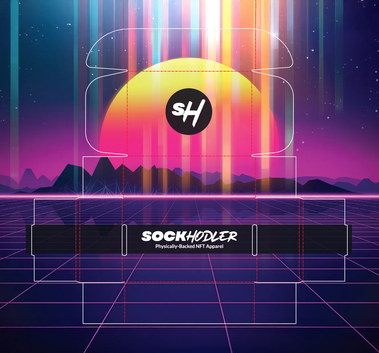 Design mockup for SOCKHODLER, featuring vibrant retro graphics and a bold logo.