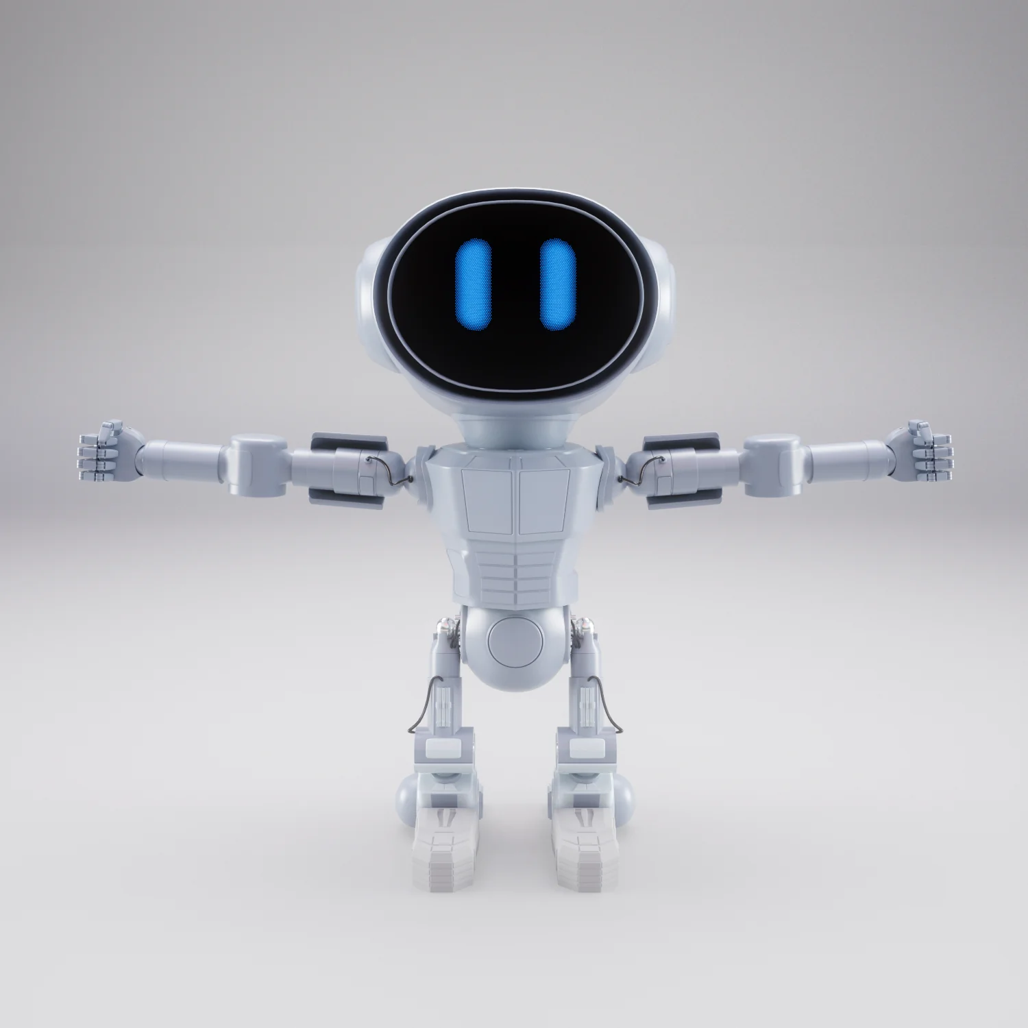 A small gray robot with blue eyes and arms outstretched.