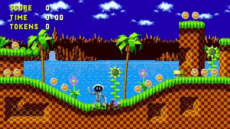 Colorful pixel art scene featuring a robot and flowers beside a lake in a retro video game landscape.