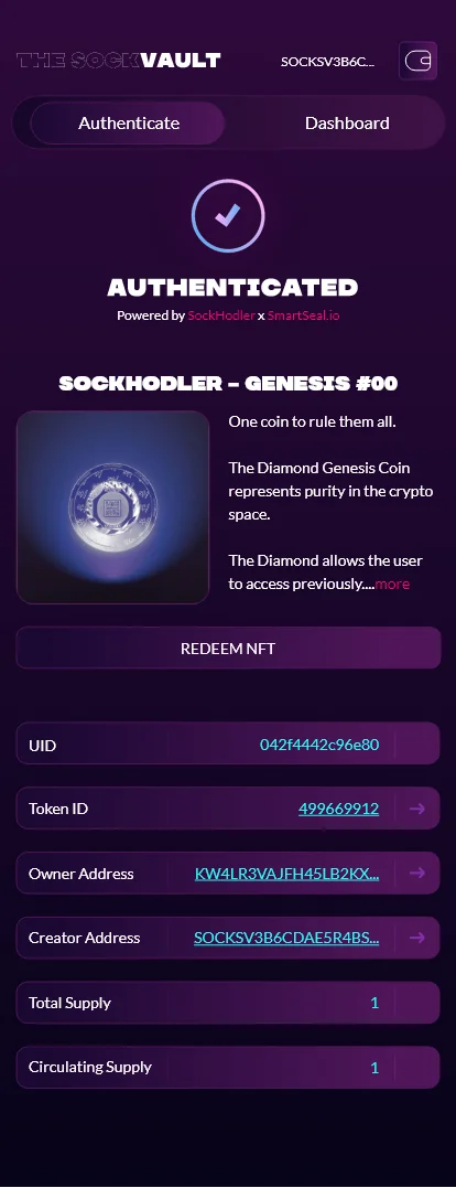SockHodler Genesis Coin NFT authentication dashboard display.