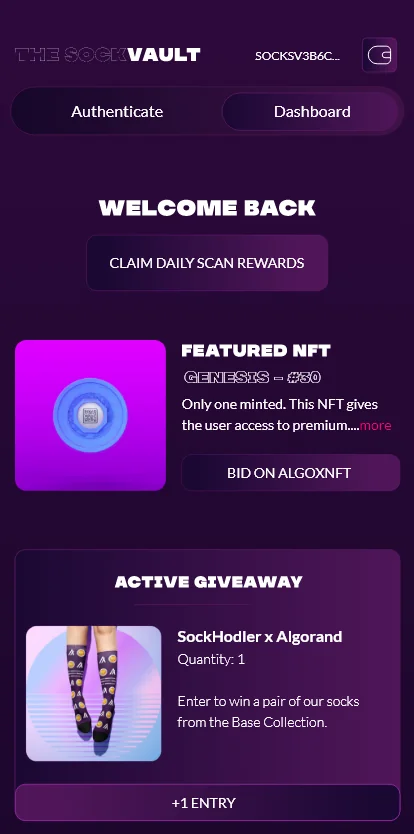 Screenshot of The Sock Vault dashboard featuring NFT and giveaway information.
