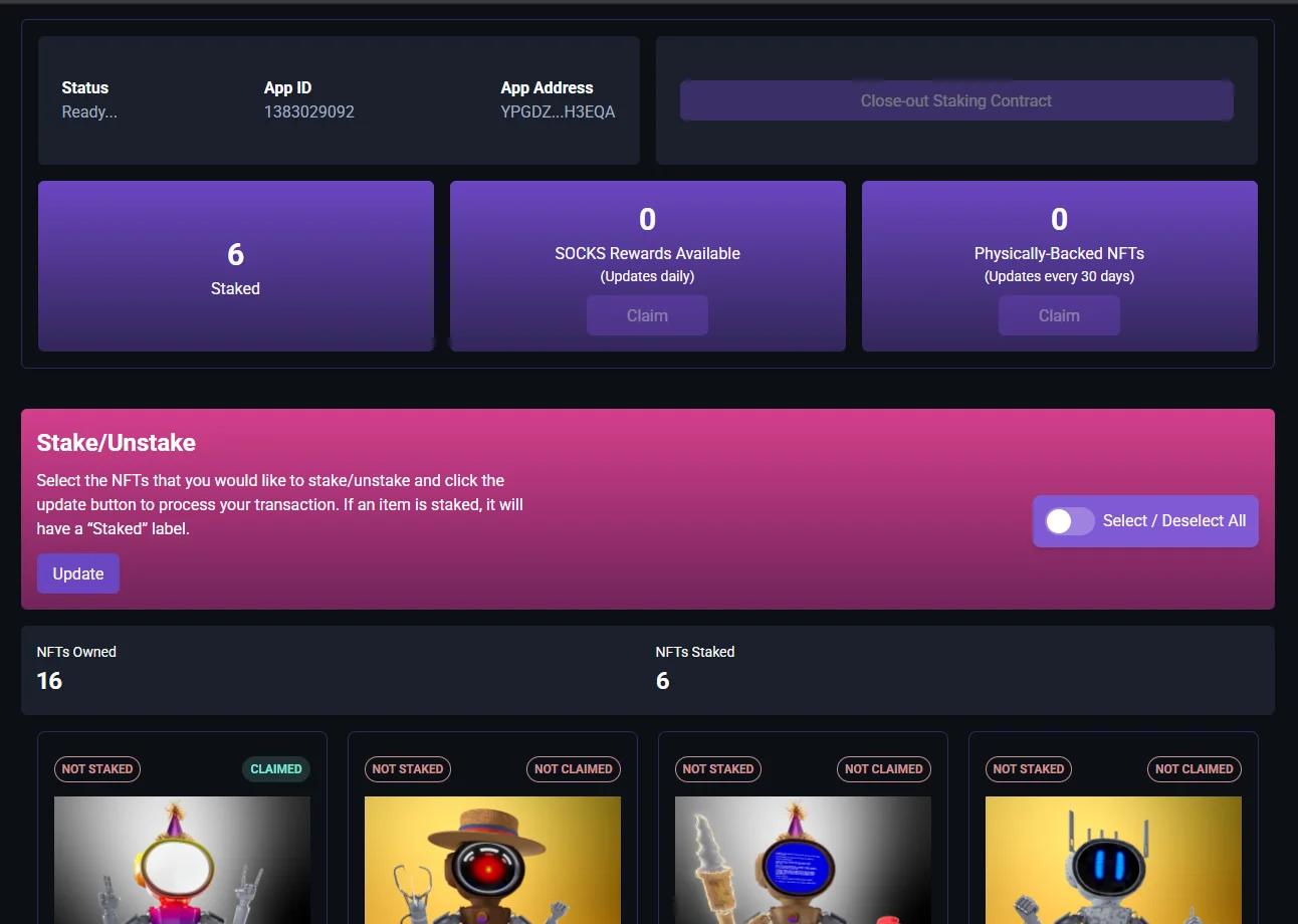 App interface showing NFT staking options and rewards status with interactive buttons.