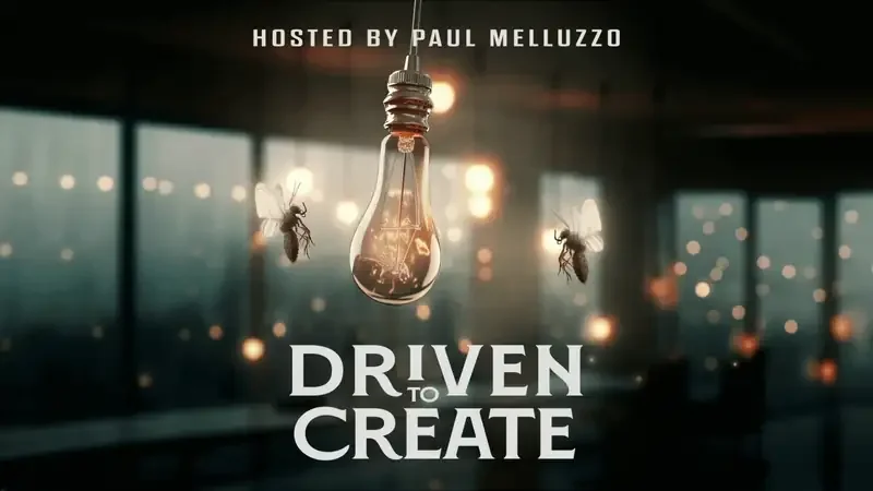 Illuminated light bulb with bees, showcasing 'Driven to Create' hosted by Paul Melluzzo.