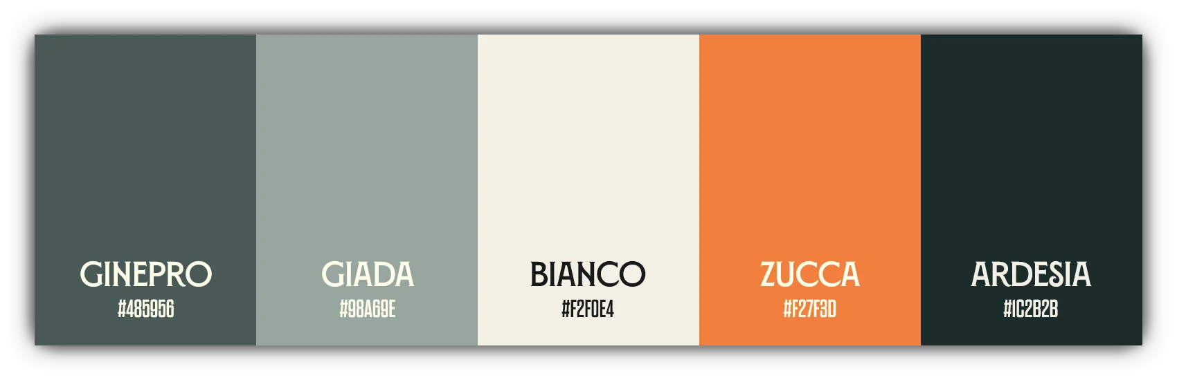 Color palette featuring Ginepro, Giada, Bianco, Zucca, and Ardesia with hex codes.