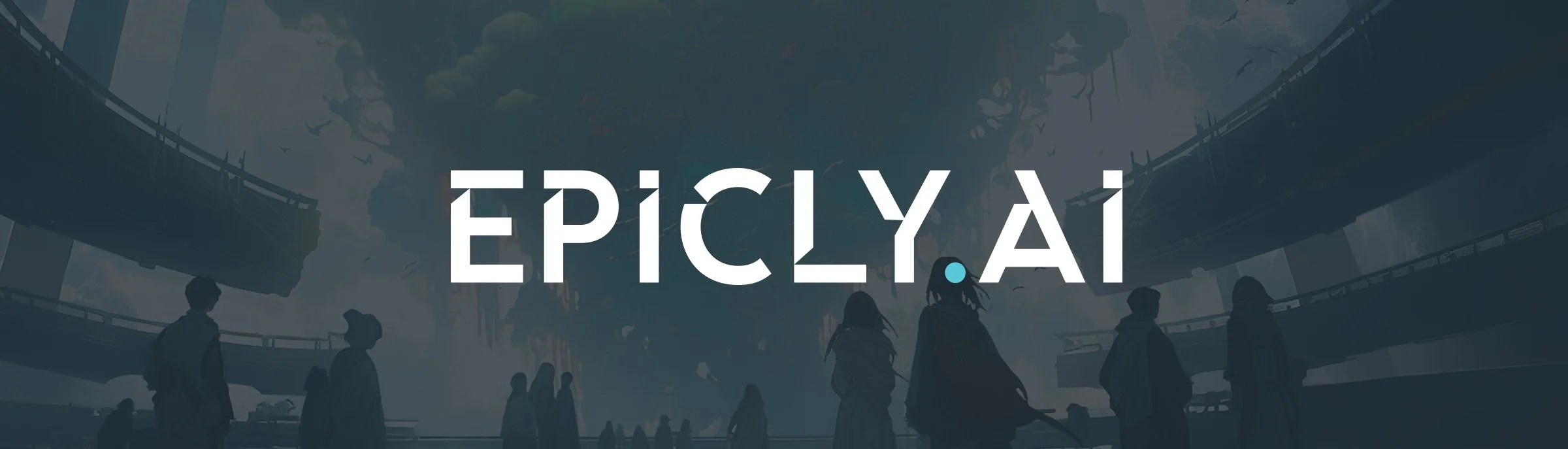 Epicly.ai logo on a futuristic background with silhouetted figures and abstract structures.