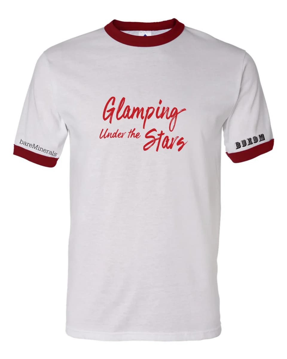 White t-shirt with red trim and text saying 'Glamping Under the Stars'.