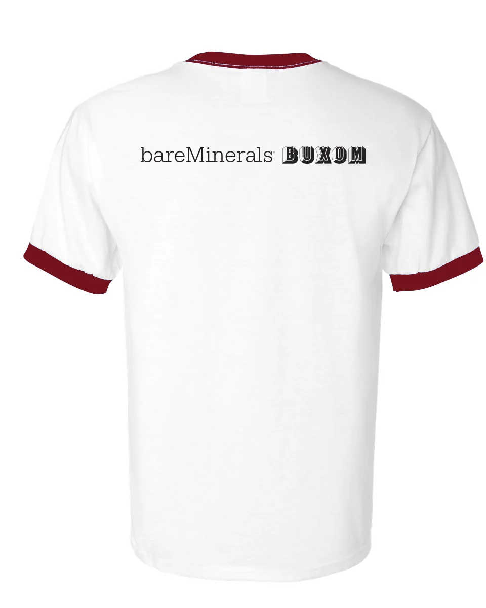 White t-shirt with red sleeves featuring bareMinerals BUXOM logo on the back.