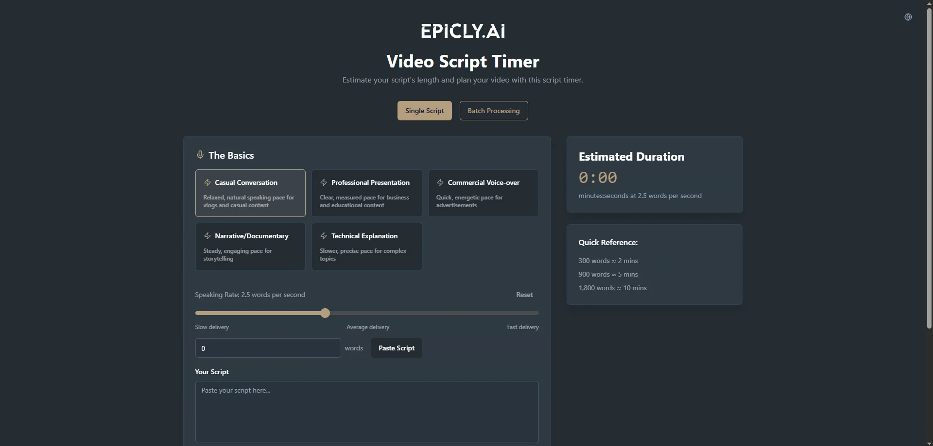Epicly AI Video Script Timer interface with pacing options and script input.
