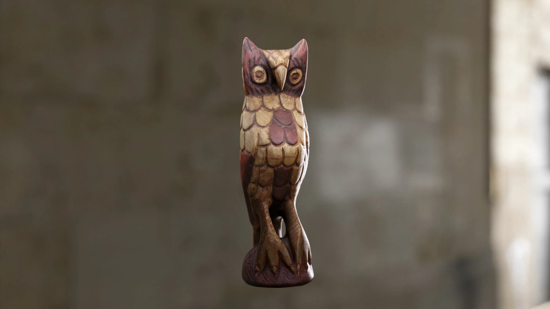 Handcrafted wooden owl sculpture with detailed feathers and a unique design.