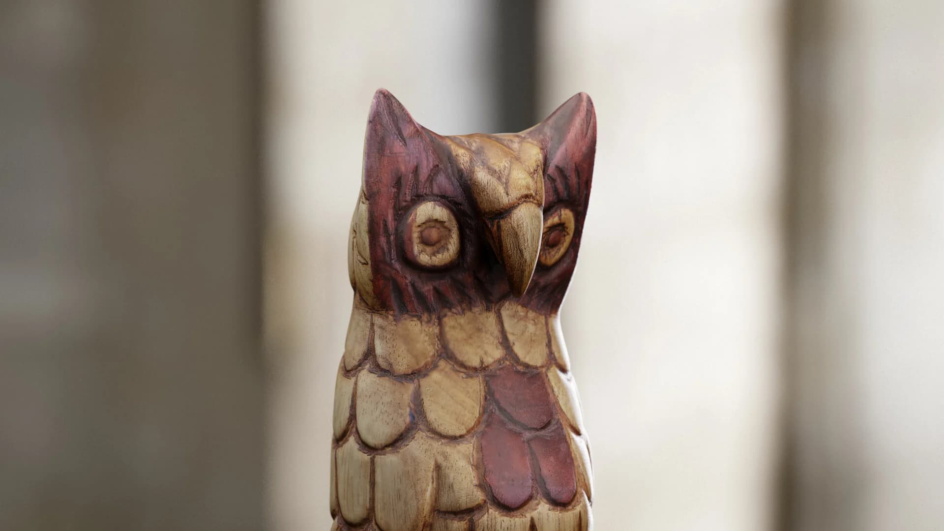 Handcrafted wooden owl figurine with intricate detailing and rich colors.