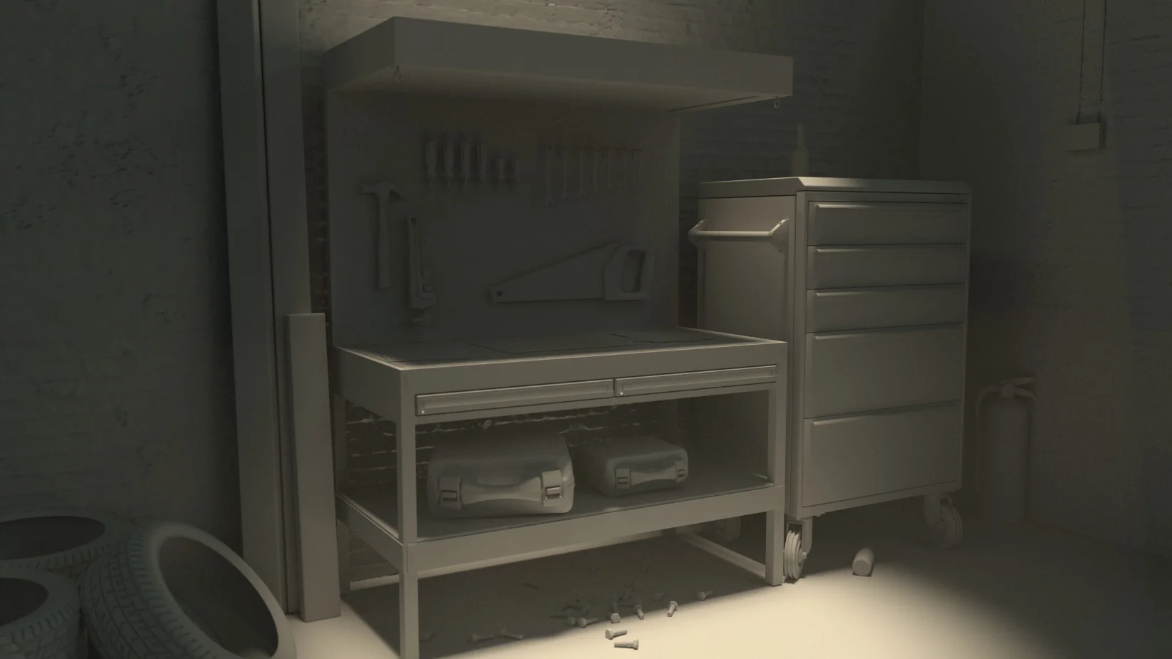 A clay render of a well-organized workshop with tools, a workbench, and storage cabinets in a dimly lit garage.