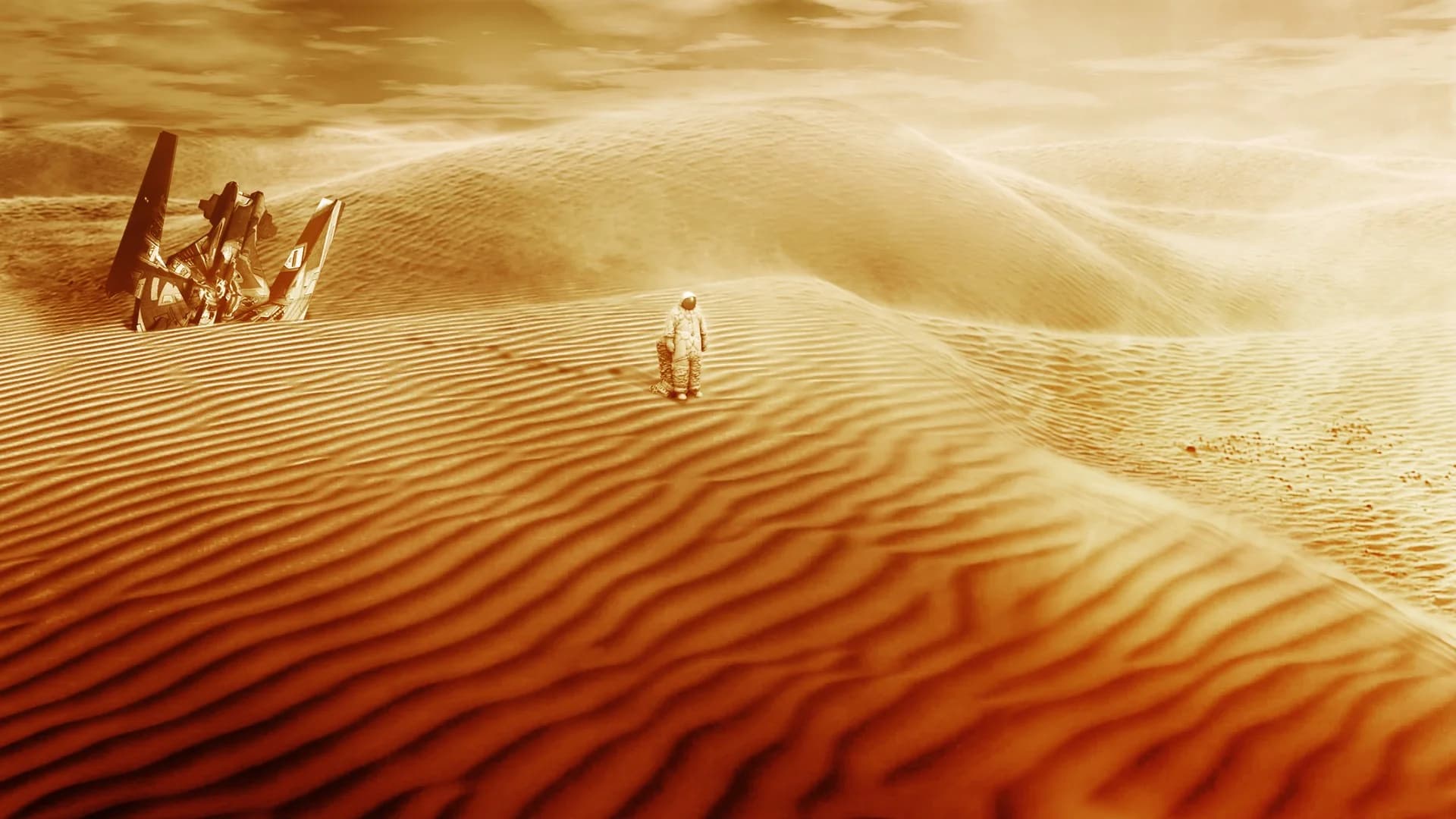 Astronaut exploring surreal desert landscape with rippled sand dunes and a distant spacecraft.