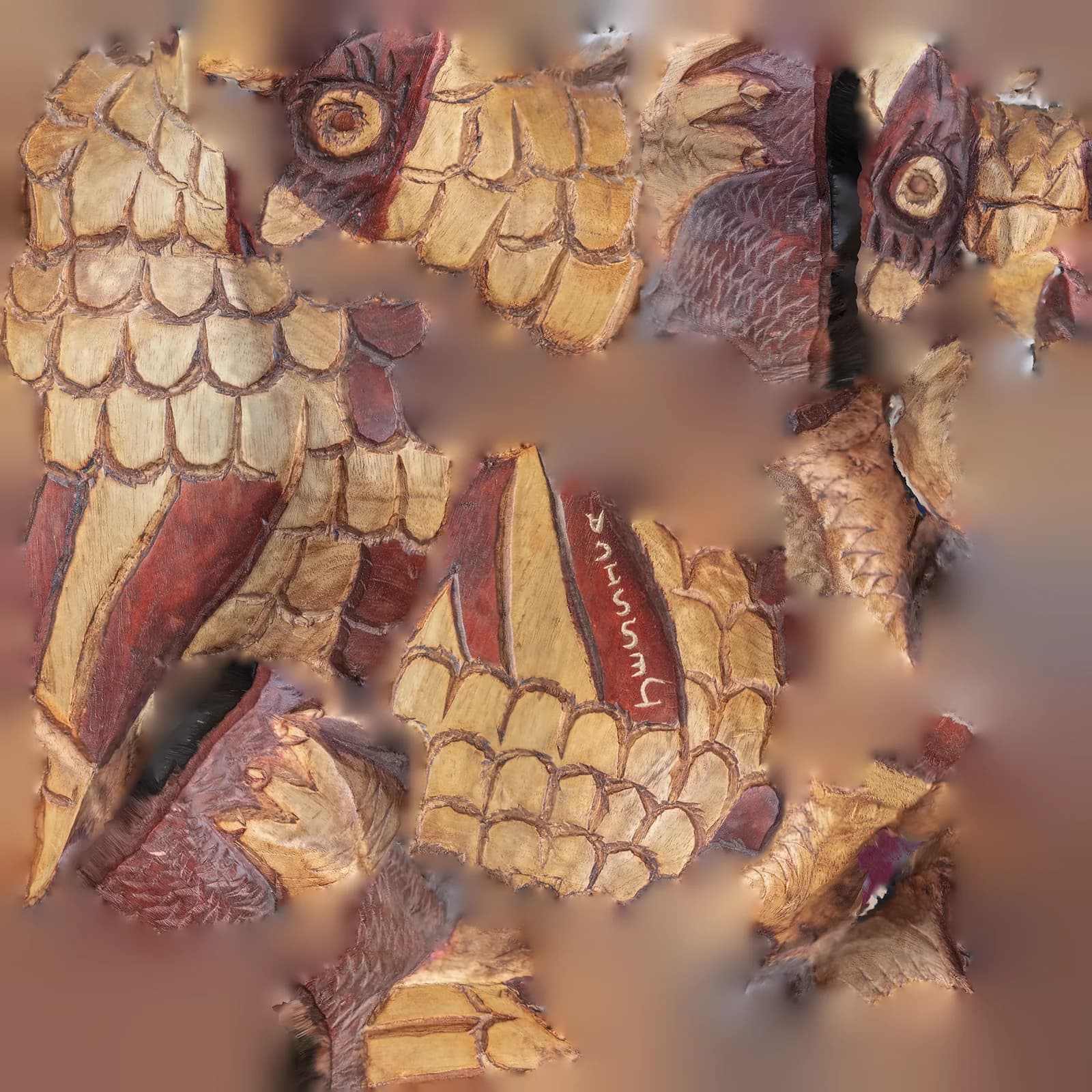 Mosaic Diffuse UV Map for Intricate carved wooden sculpture with fish scales and vibrant colors
