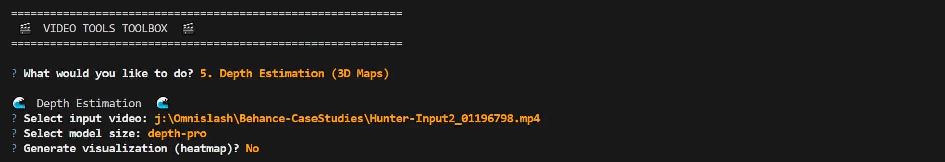 Video tools interface showing depth estimation options and input file selection for 3D mapping.