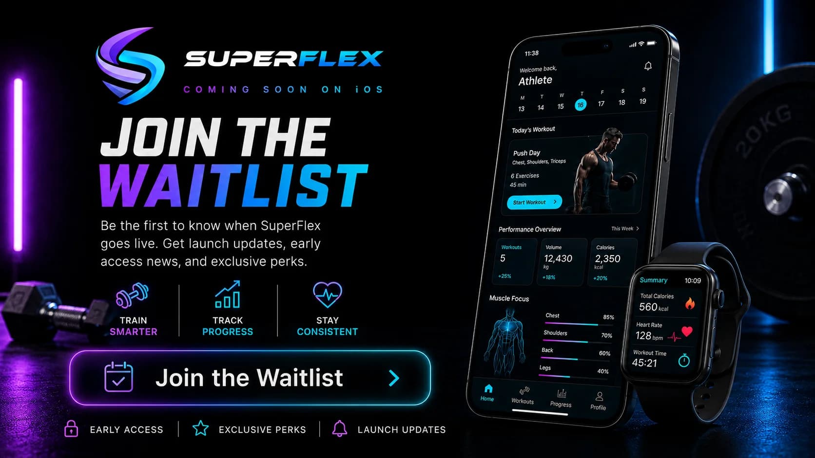 SuperFlex app promotion: Join the waitlist for workout tracking and early access on iOS.