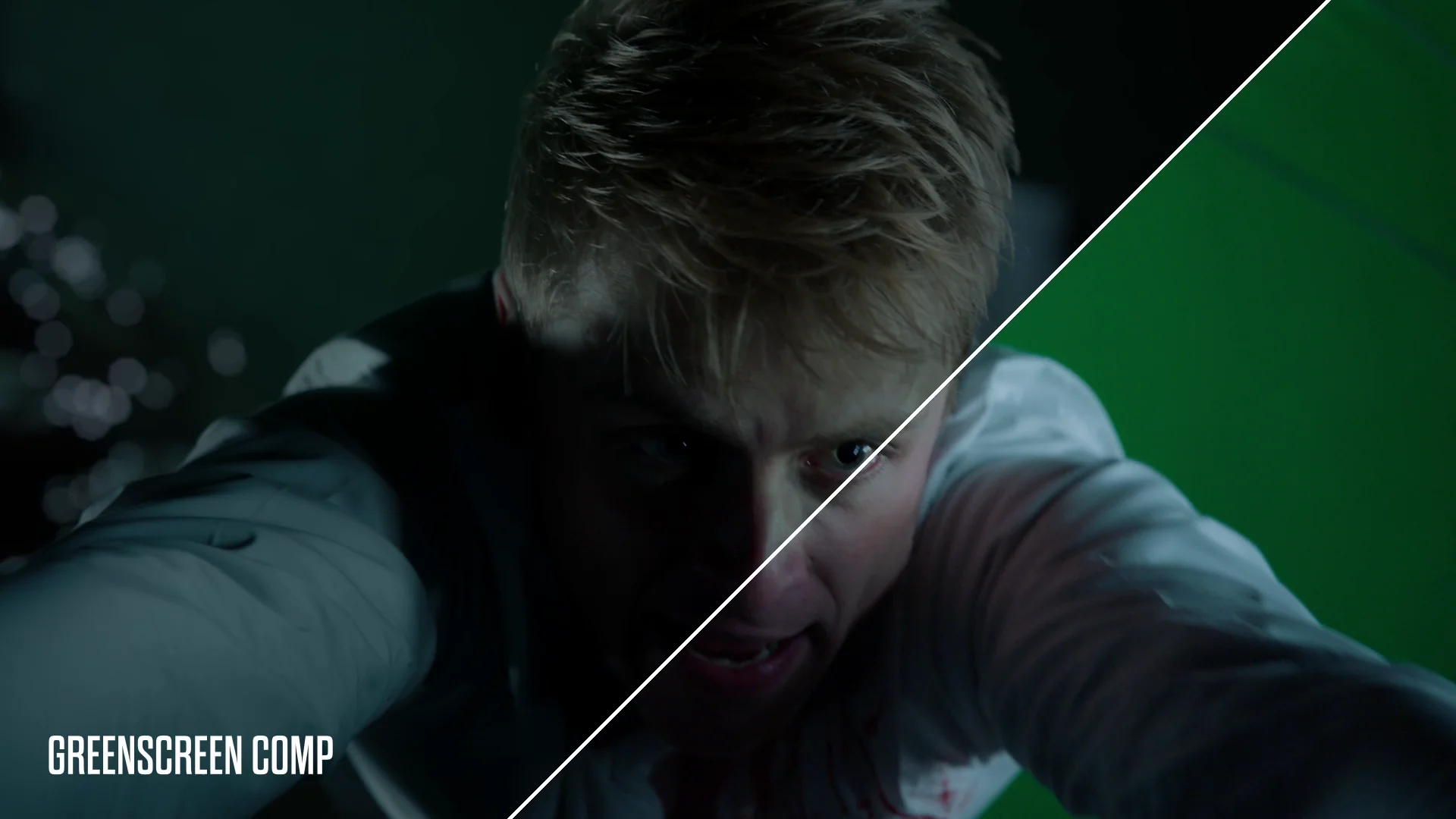 Man reaching out in a dramatic scene, half in shadow and half against a green screen.