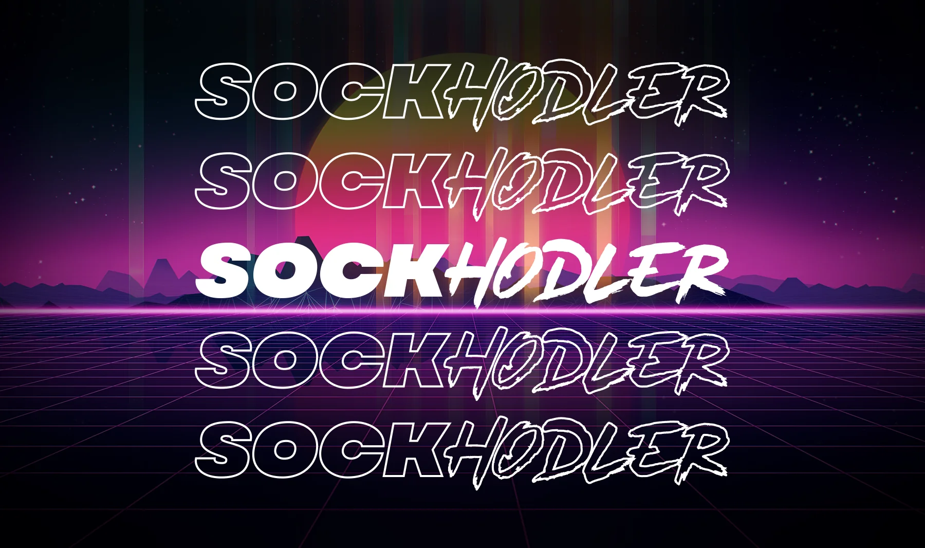 Stylized text 'SOCKHODLER' on a colorful retro background with a grid and mountains.