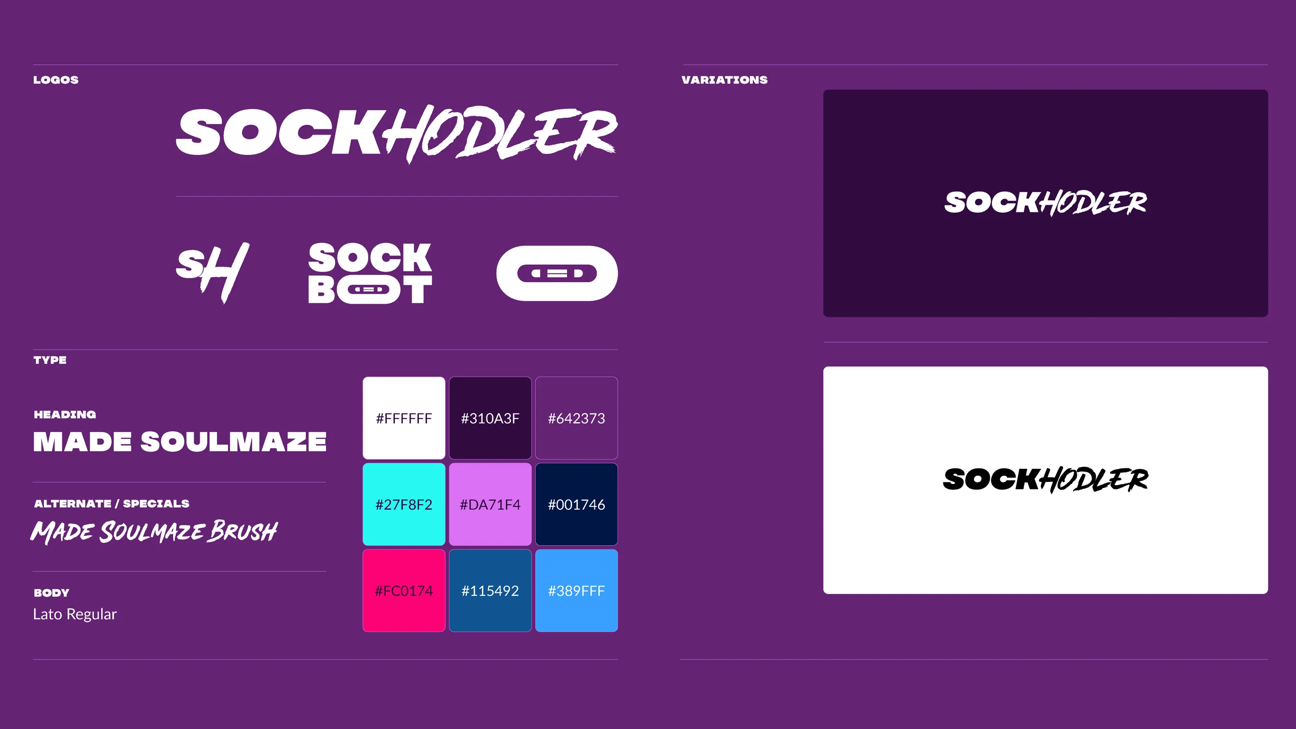 SockHodler branding design featuring logos, color palette, and typography examples.