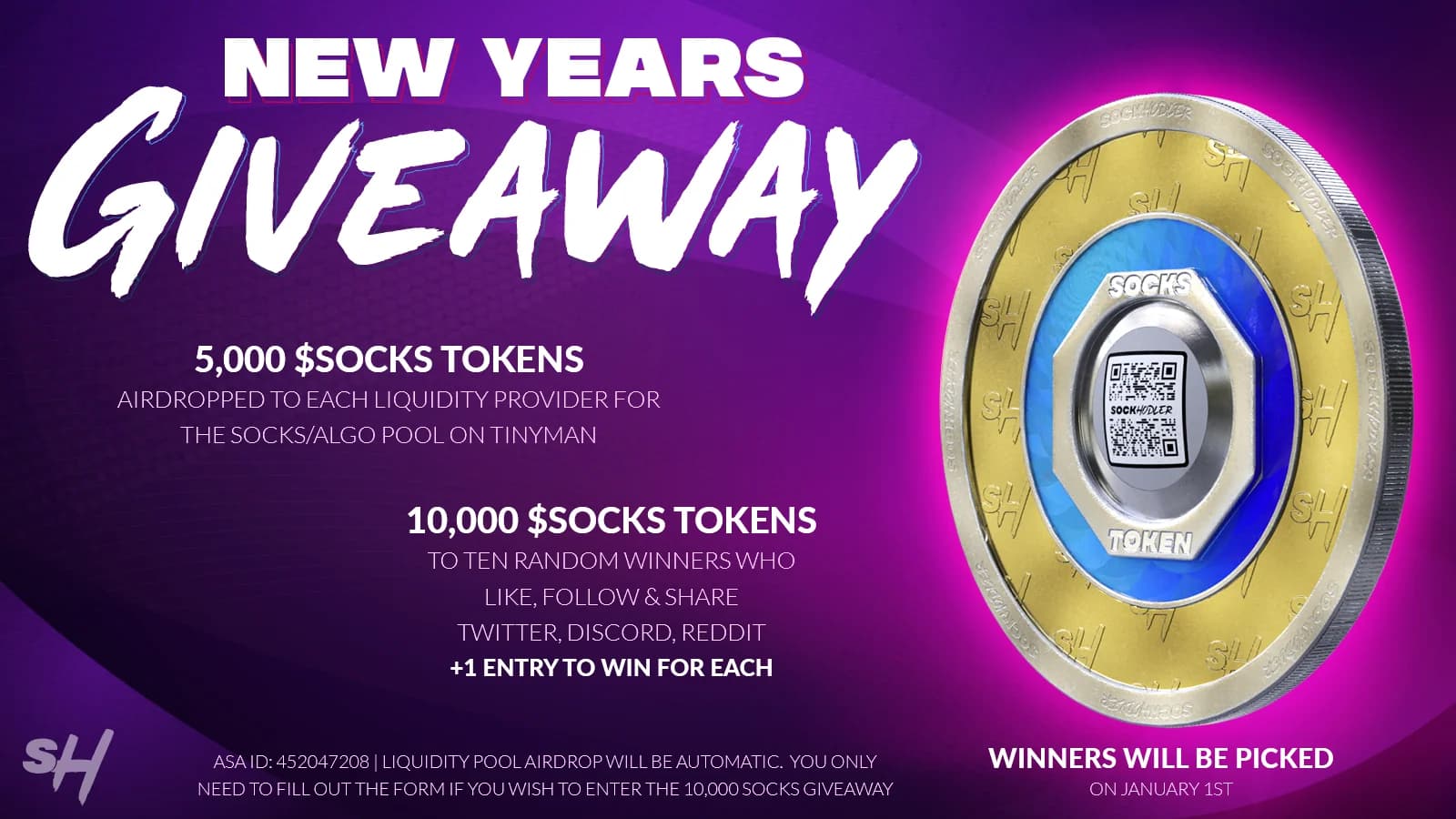 New Year giveaway for $Socks tokens, promoting airdrop and participation on social media platforms.