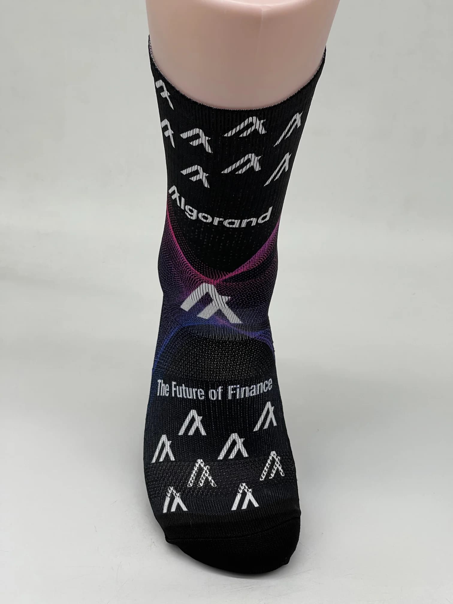 Black socks featuring the Algorand logo and the phrase 'The Future of Finance.'