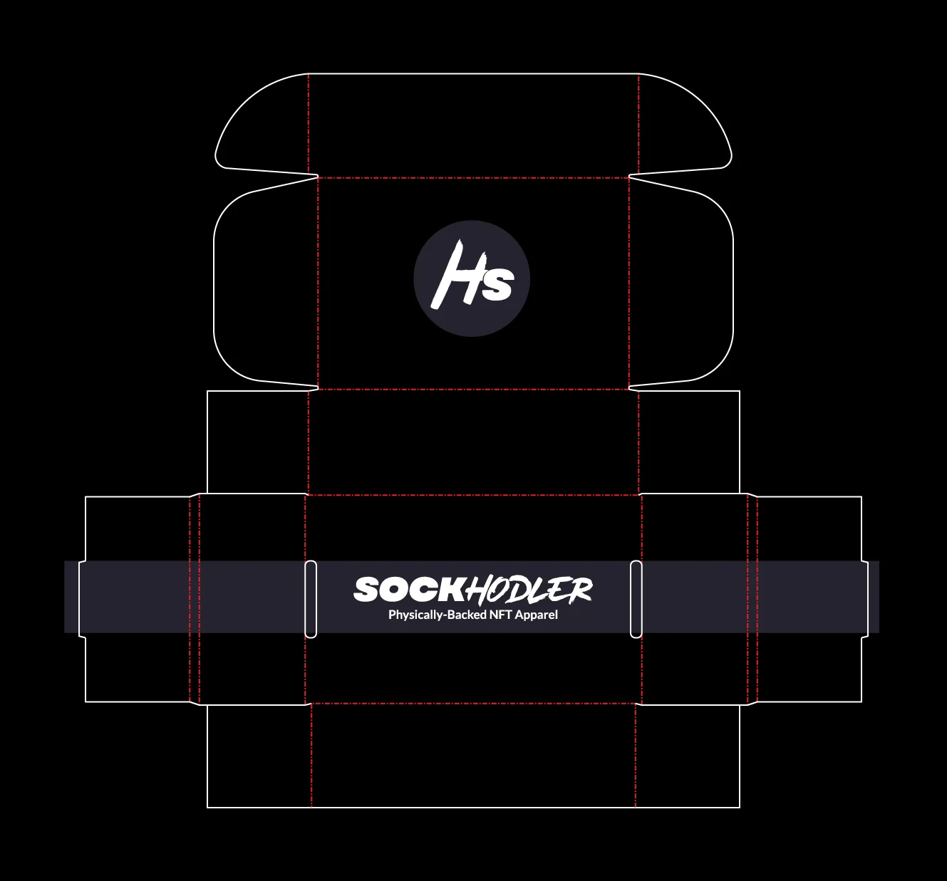 Design layout for Sockhodler packaging for NFT apparel.