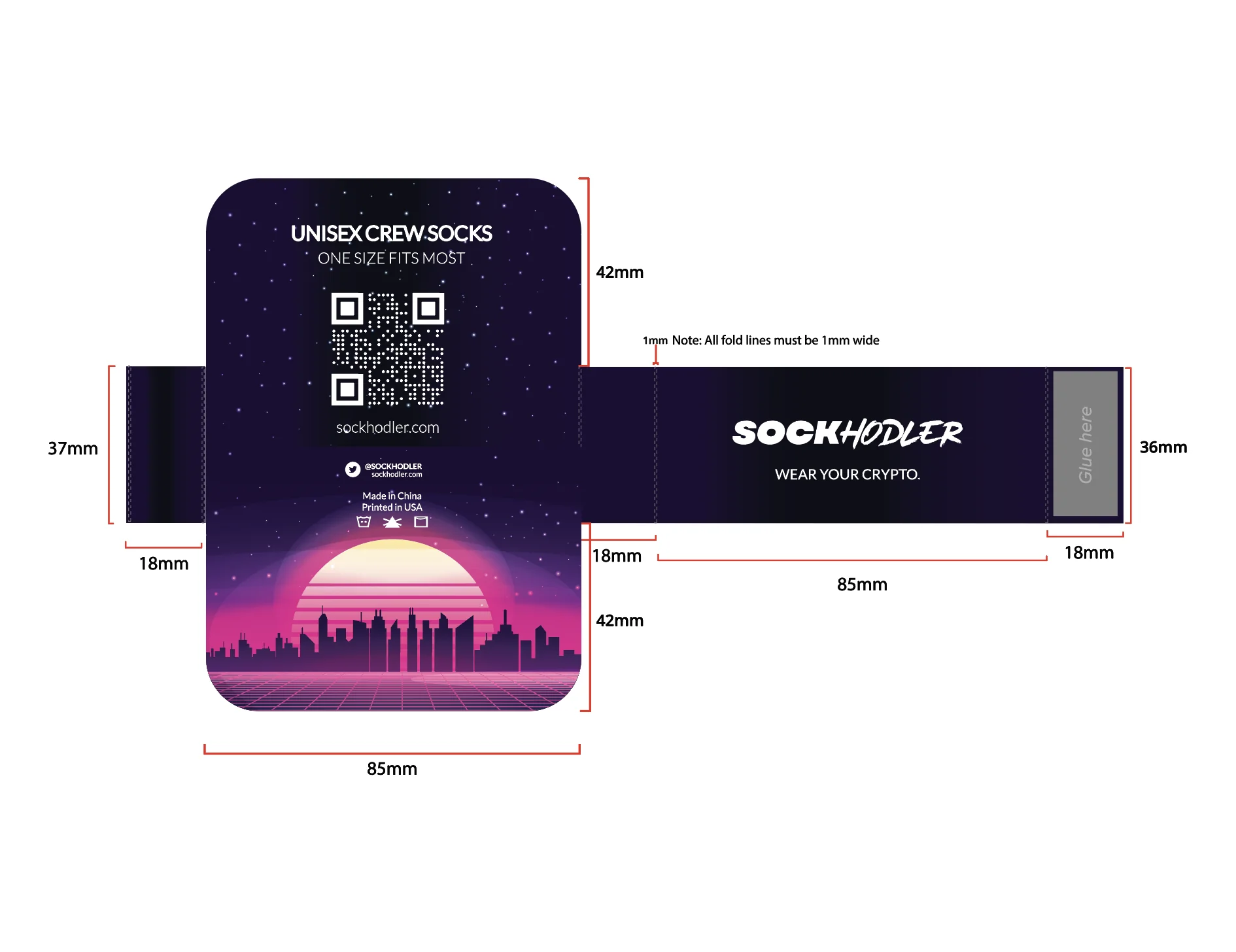 Packaging design for unisex crew socks with QR code and brand details.
