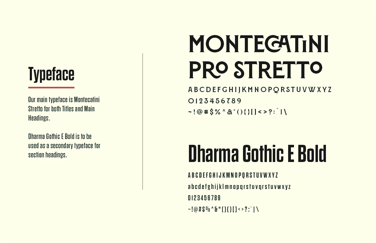 Montecatini Pro Stretto and Dharma Gothic E Bold typefaces showcased for design use.