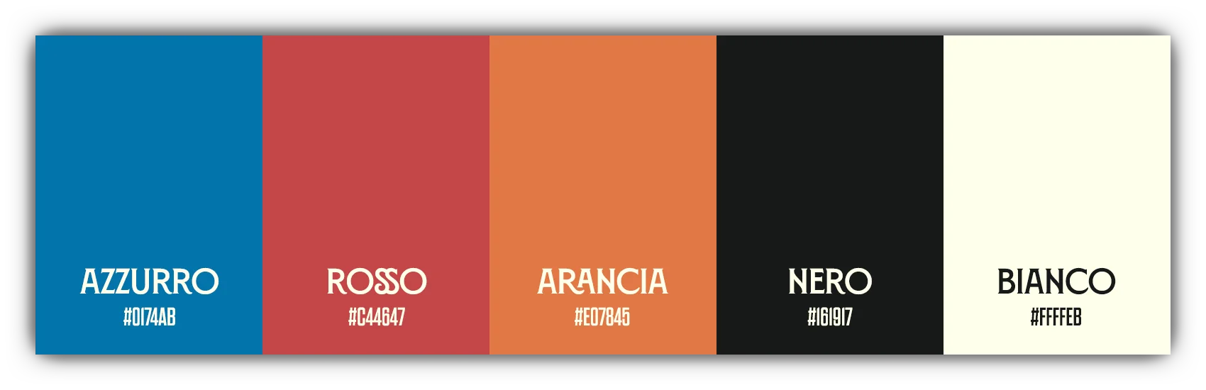 Color palette with five colors: Azzurro, Rosso, Arancia, Nero, and Bianco with corresponding hex codes.