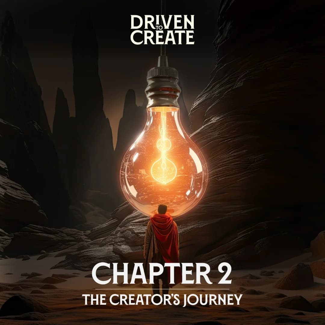 A light bulb illuminating a figure in a desert landscape with mountains in the background.