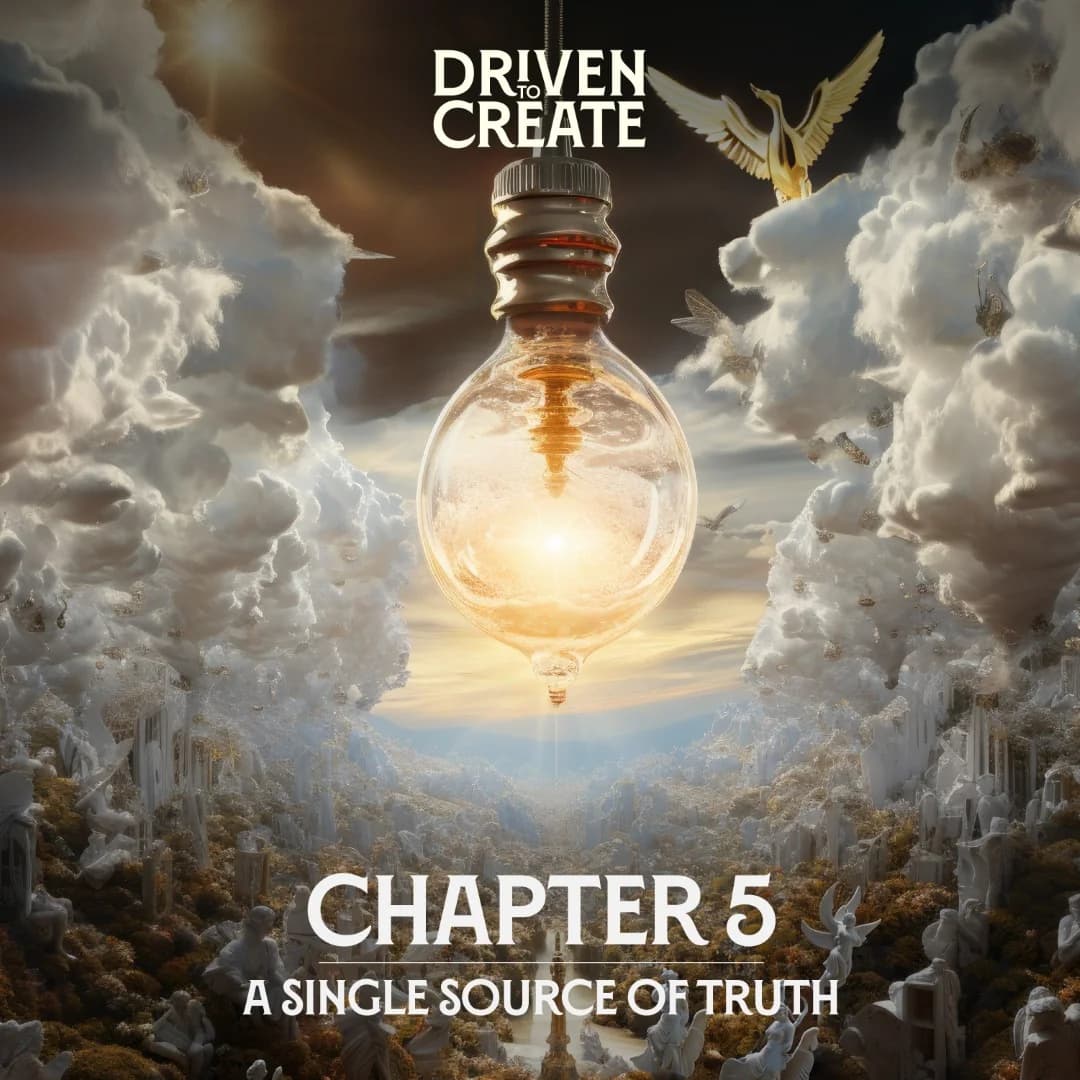 A light bulb emitting a warm glow in a surreal landscape with clouds and sculptures.