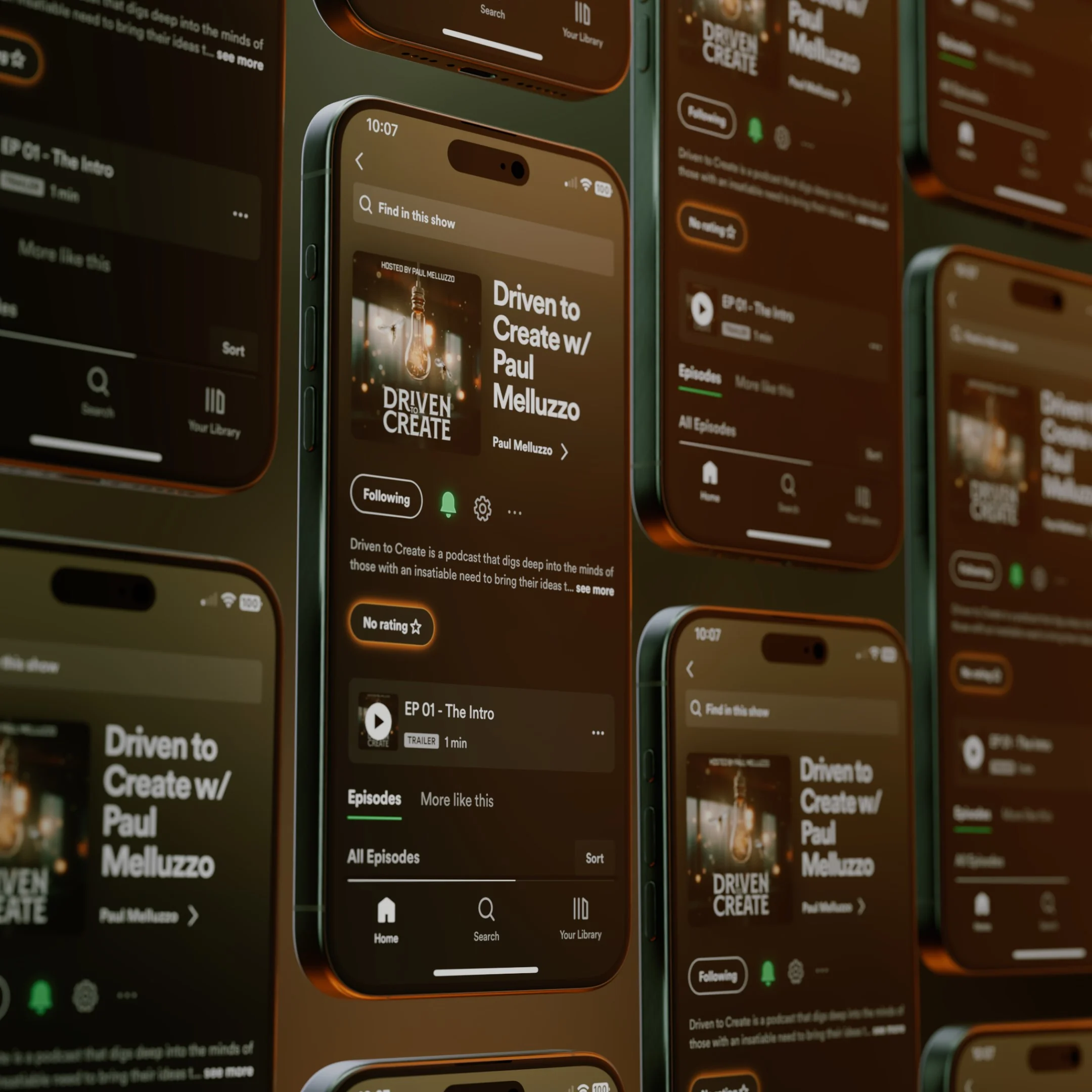 Multiple smartphone screens displaying the podcast 'Driven to Create' with Paul Melluzzo.