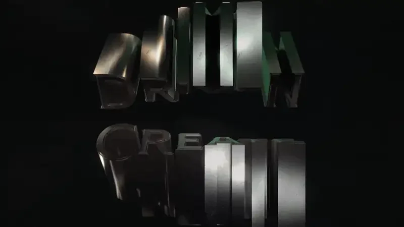 3D text rendering of 'Dream Creation' with a metallic finish against a dark background.