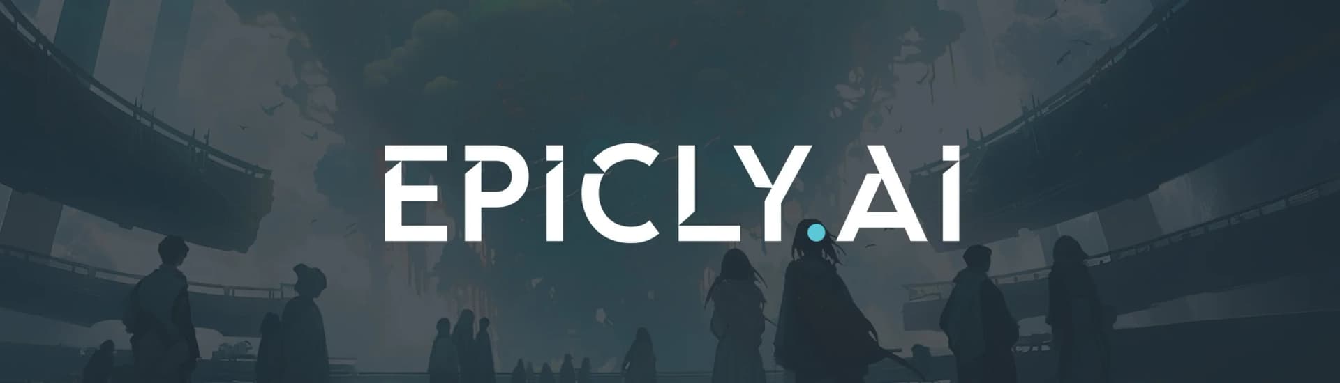 Epicly.ai logo on a futuristic background with silhouetted figures and abstract structures.