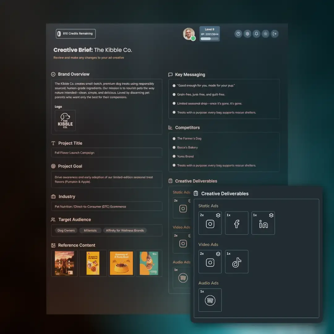 Creative brief for The Kibble Co. detailing project goals and deliverables.