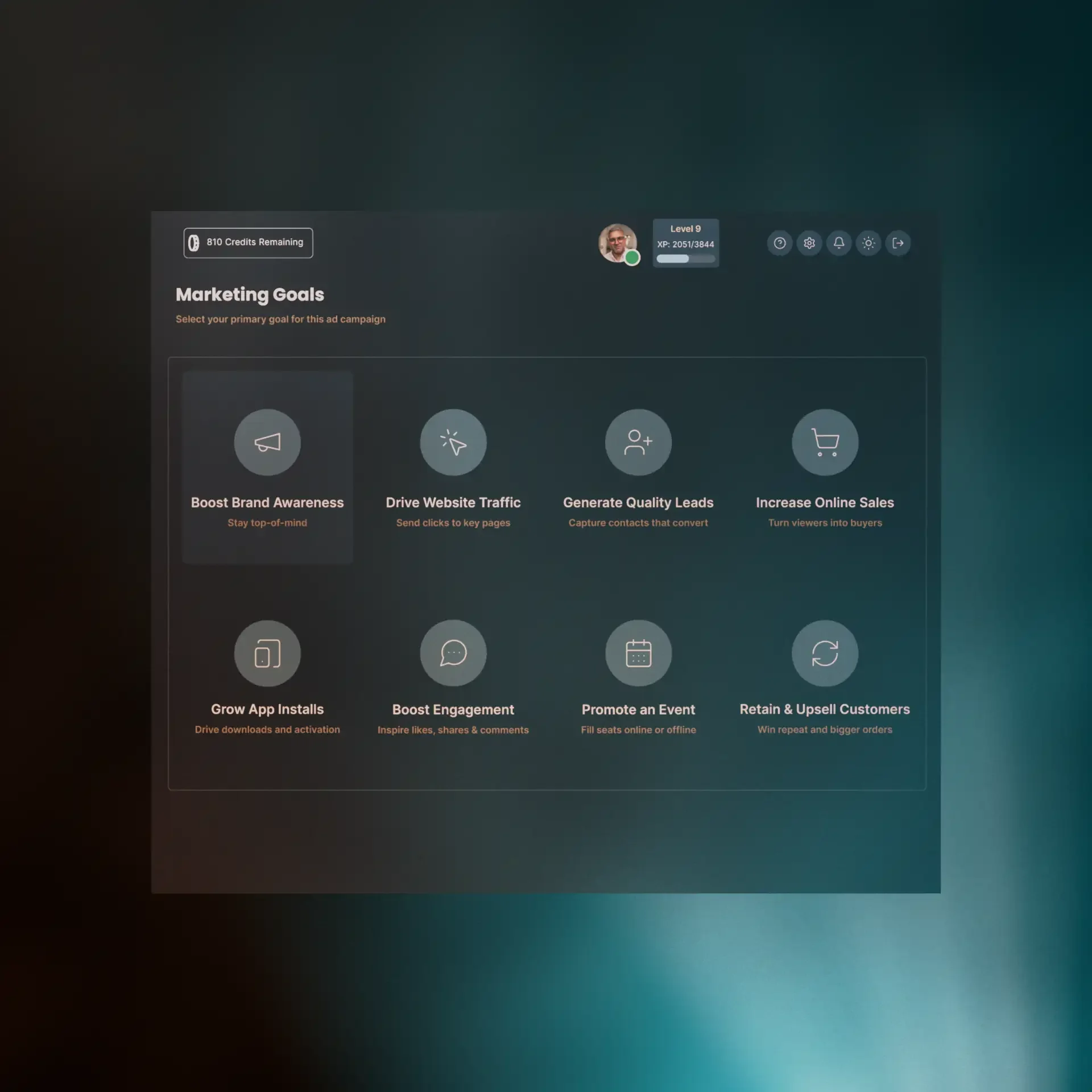 Marketing goals selection interface for an ad campaign.