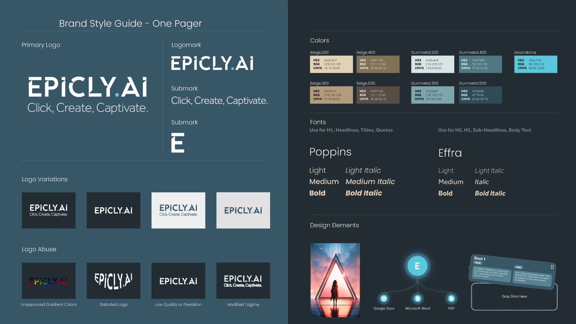 Brand style guide for EPICLY.AI outlining logos, colors, and fonts.