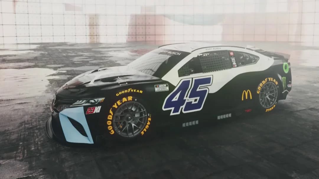 Nascar race car with number 45, featuring McDonald's and Goodyear branding.