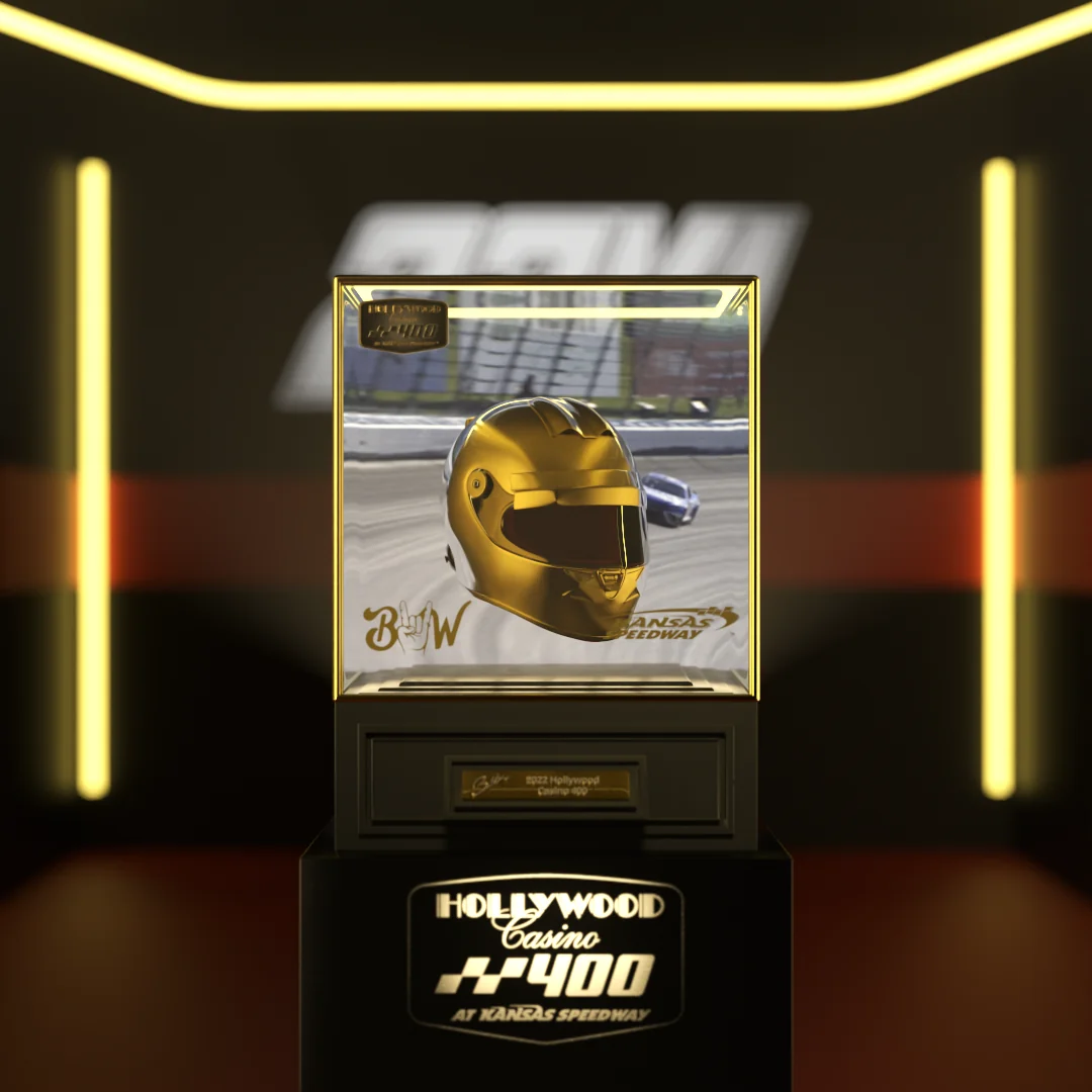 Gold helmet trophy displayed for the Hollywood Casino 400 at Kansas Speedway.