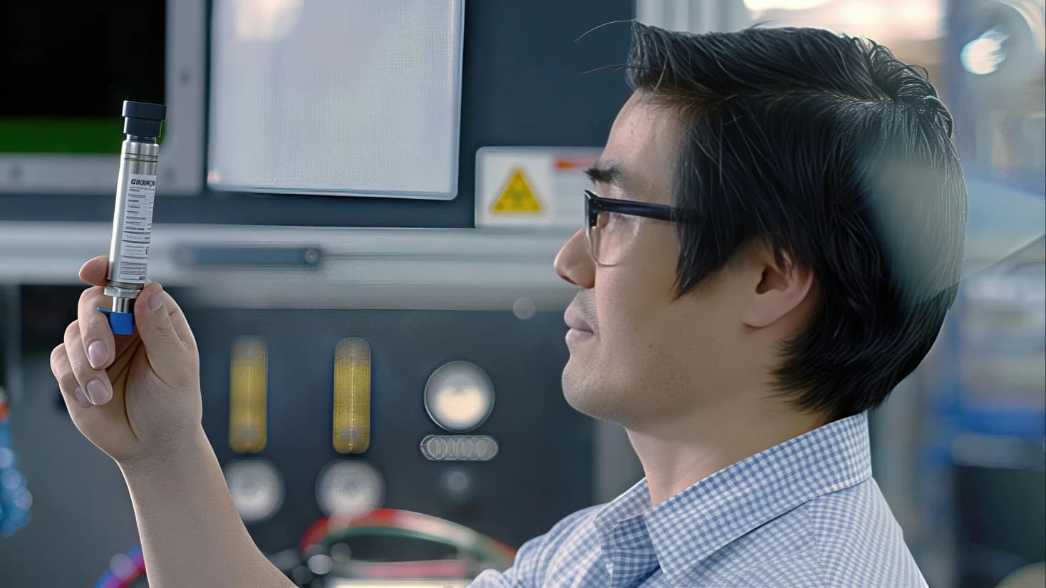 Scientist examining a test tube in a laboratory with equipment in the background.