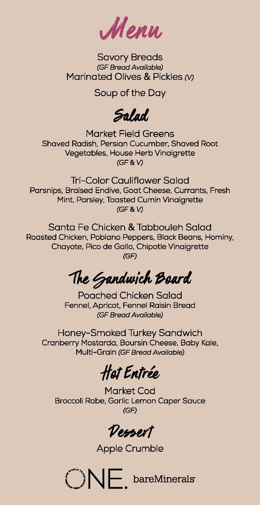 Menu featuring appetizers, salads, sandwiches, entrees, and dessert options.