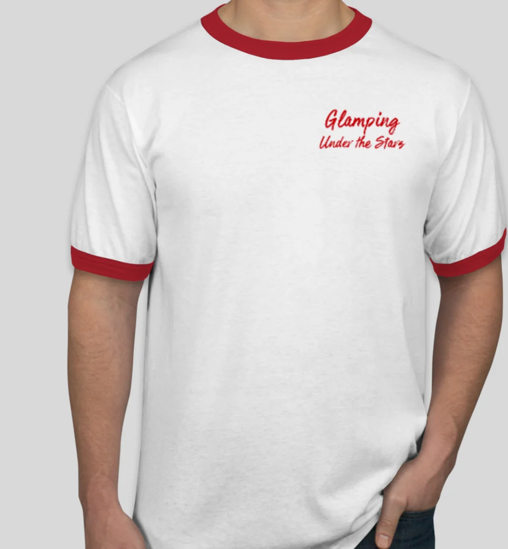 White T-shirt with red trim featuring 'Glamping Under the Stars' text