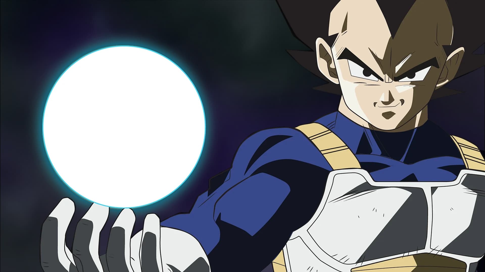 Vegeta from Dragon Ball Z charges energy ball, showcasing his iconic battle attire and intense expression.