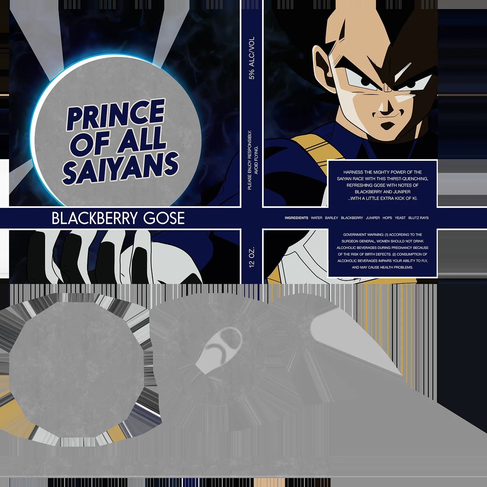 Label for 'Prince of All Saiyans' Blackberry Gose beer featuring character art and ingredients listed.