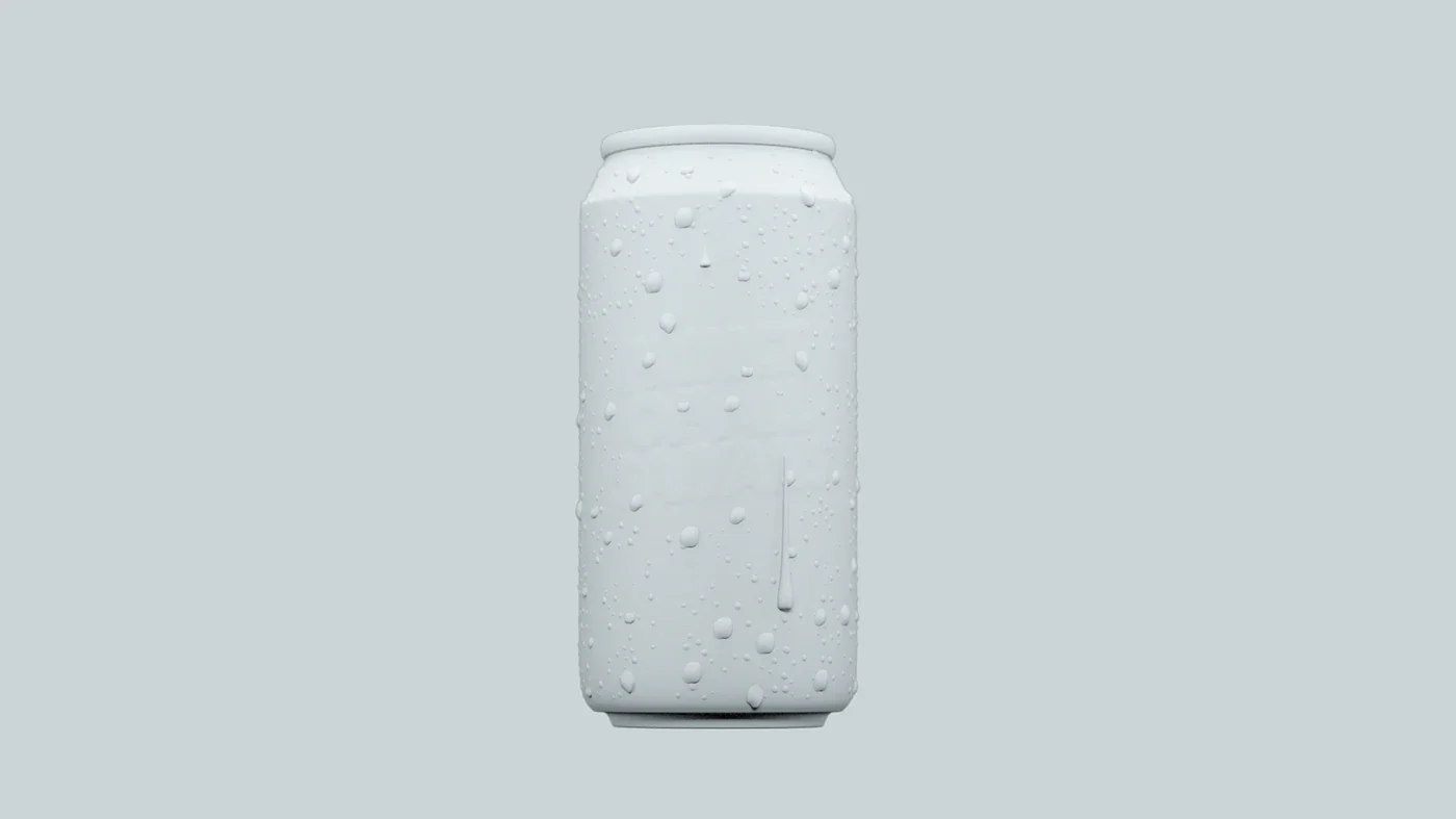 A close-up of a wet, unmarked white aluminum can with droplets on a light background.