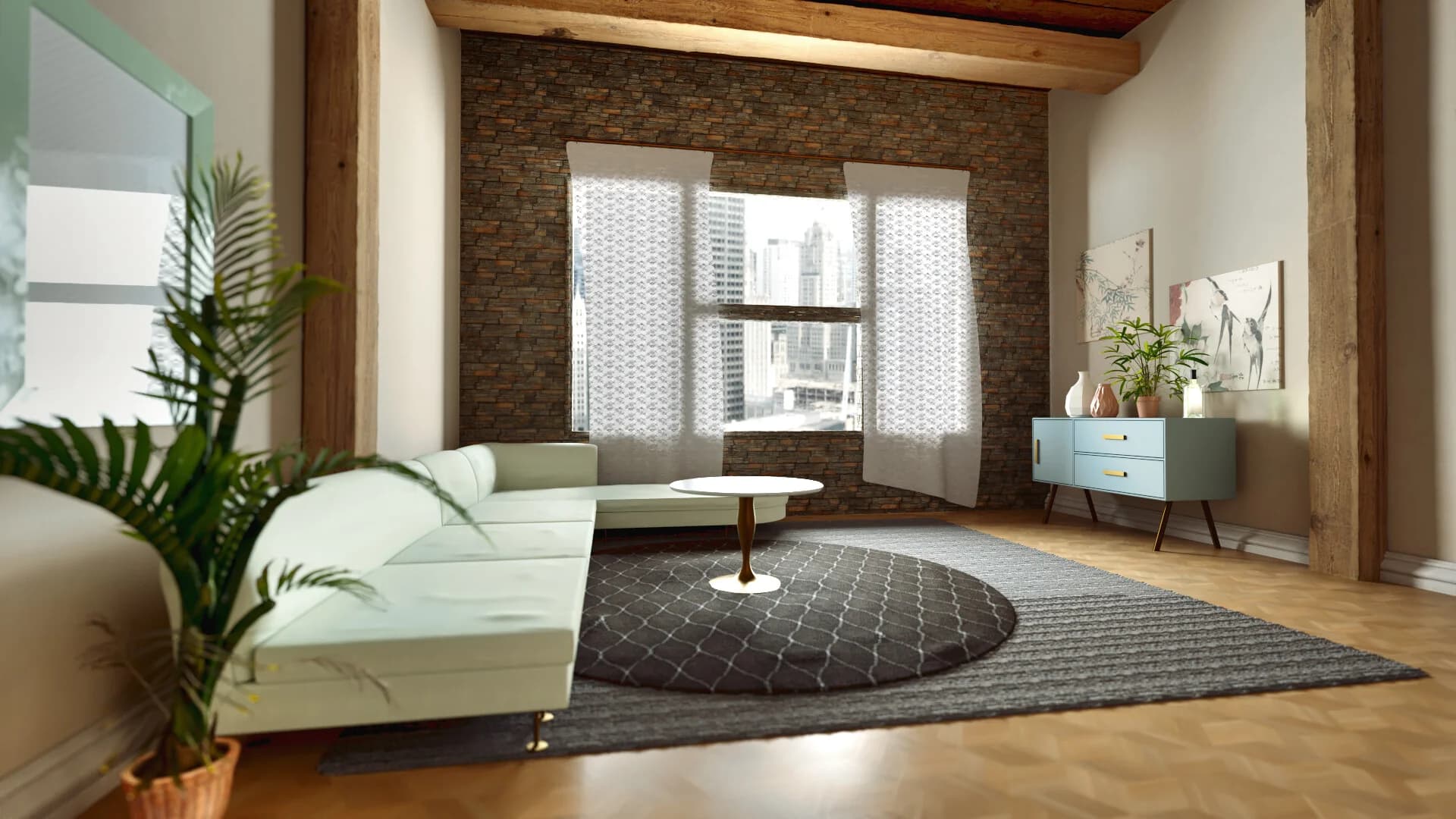 Modern living room with a green sofa, round coffee table, plants, and large windows showcasing city views.