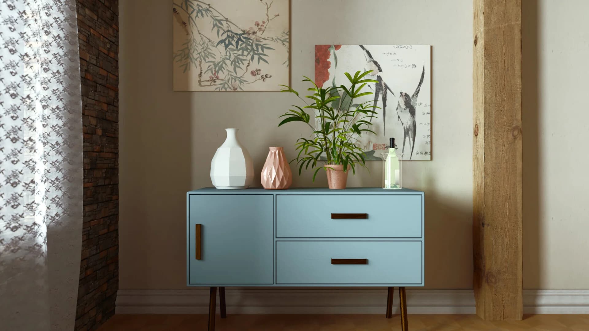 Modern blue cabinet with decorative vases and a plant, set against a stylish interior decor backdrop.