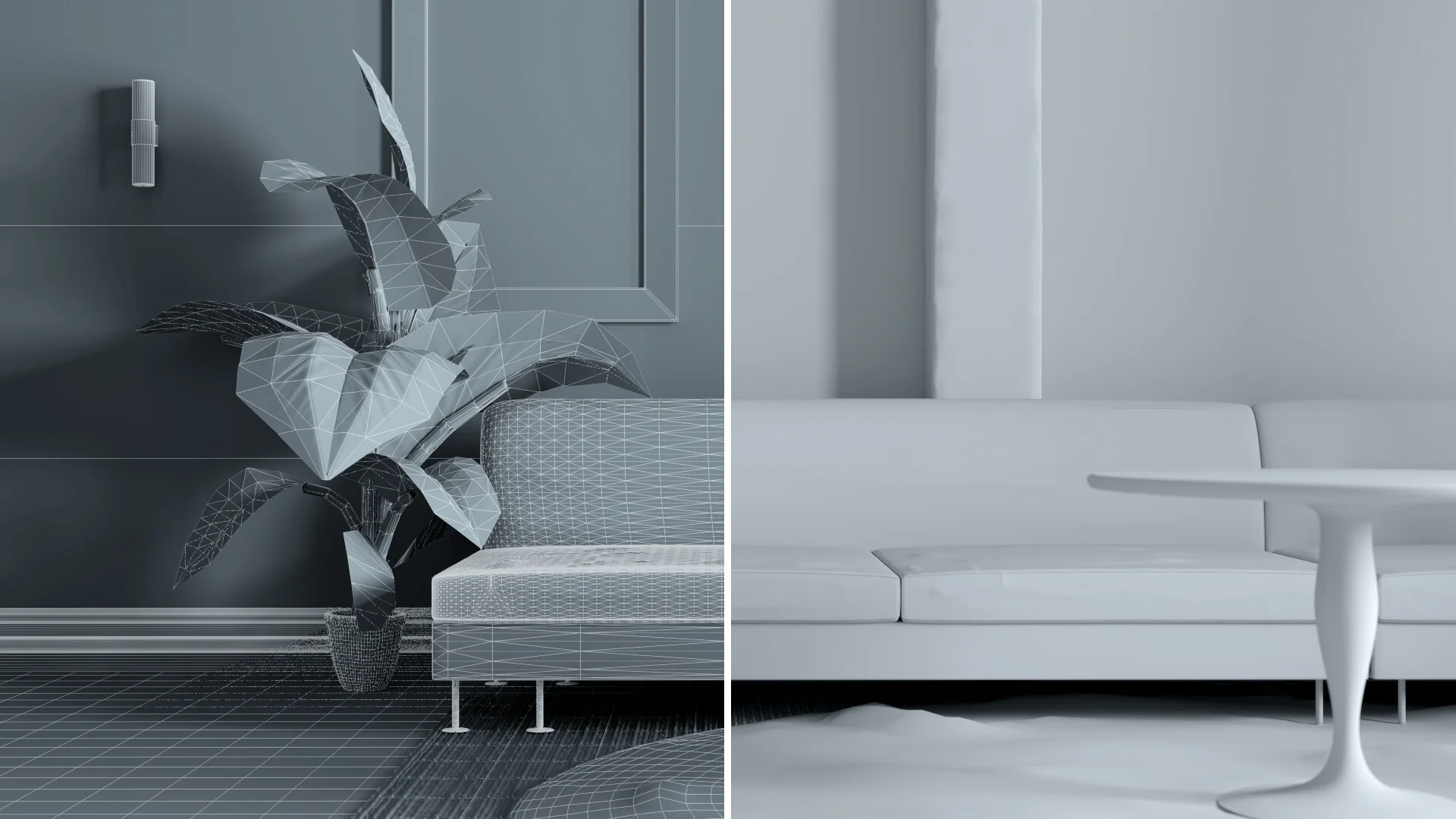 A split view of a wireframe plant and modern white furniture, showcasing minimalist interior design.